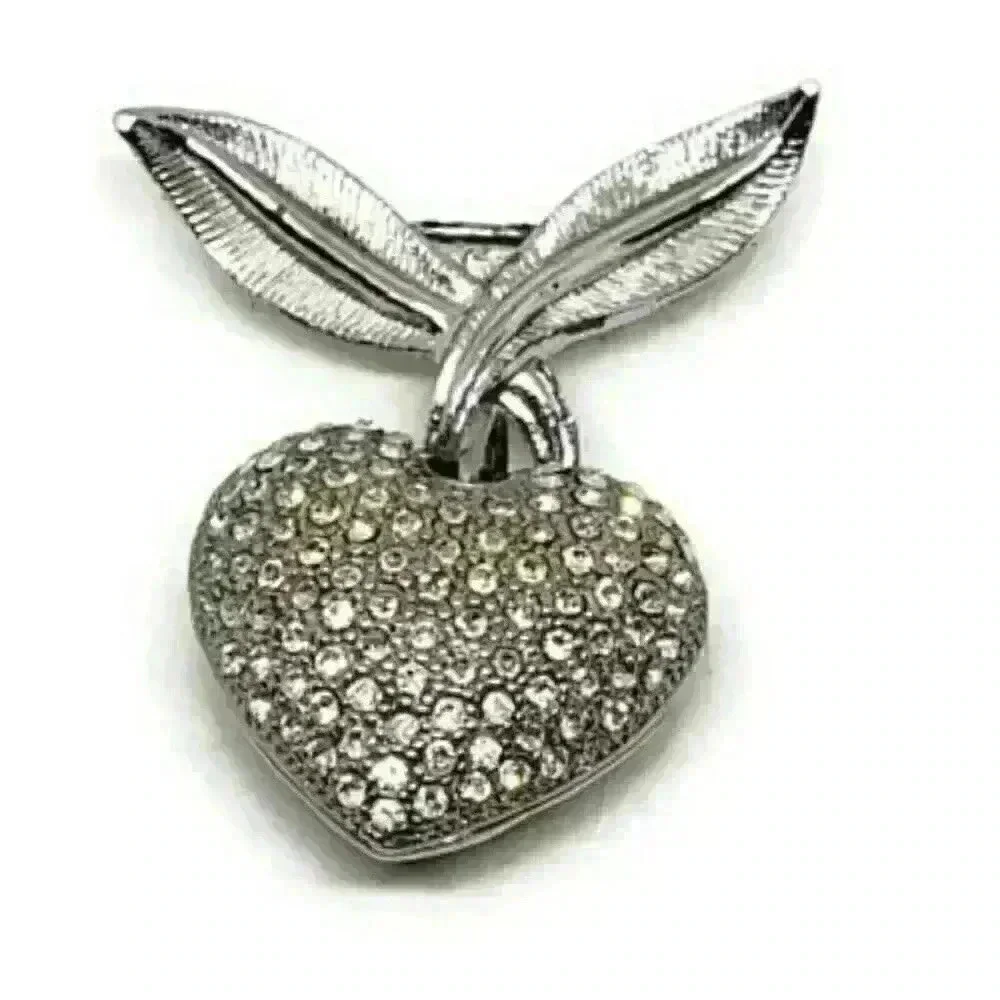 Vintage silver PUFFY HEART Charm Rhinestone Brooch Bow Signed CORO Pierced